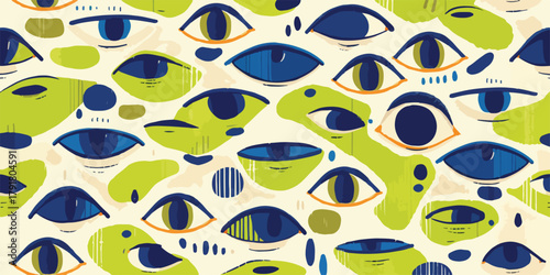 다양한 눈 모양과 녹색 추상적 형태의 반복적인 패턴 디자인