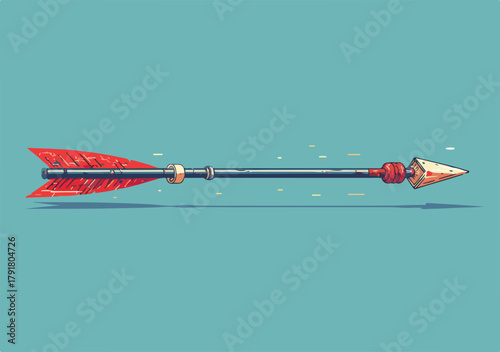 전통적인 화살이 푸른 배경 위에서 날아가는 모습, 목표를 향해 나아가는 움직임 표현