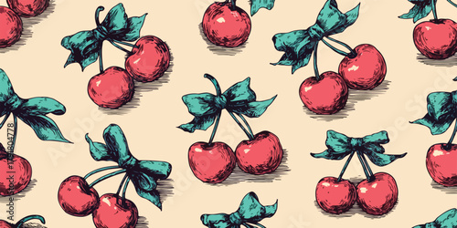 빨간 체리가 초록색 리본으로 묶여있는 패턴, 빈티지 스타일의 귀여운 일러스트