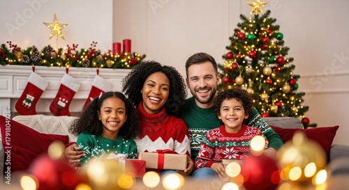 Happy multiracial family with young daughter and son celebrating Christmas at home, sitting on a couch with gifts and festive decorations
