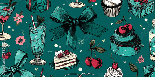 다채로운 칵테일, 케이크, 체리, 꽃, 리본이 있는 빈티지 스타일의 패턴 일러스트