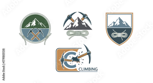 Mountain Climbing Logos Featuring Ice Axes and Ropes in Varied Designs.
