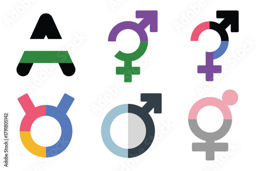 Detailed flat vector icons for diversity, showing male, female, gender, representing community, identity, and equal rights,