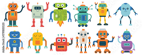 Cute Cartoon Robots Vector Set – Futuristic Tech Toys, Cyber Creatures, Digital Kids’ Characters, Vintage-Style Robot Designs, and Playful Mechanical Elements for Games and Illustrations