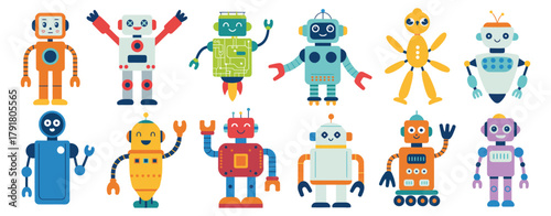 Cute Cartoon Robots Vector Set – Futuristic Tech Toys, Cyber Creatures, Digital Kids’ Characters, Vintage-Style Robot Designs, and Playful Mechanical Elements for Games and Illustrations