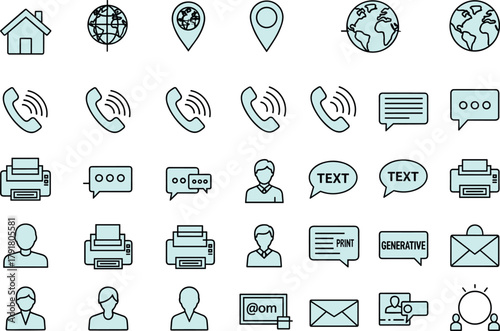 Communication and office icons set with chat bubbles, fax machines, envelopes, people, globes, and location pins for digital workflow, messaging, and business tools
