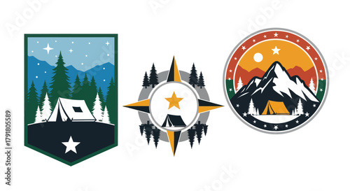 Camping Adventure Emblem Set with Tents Mountains and Compass.