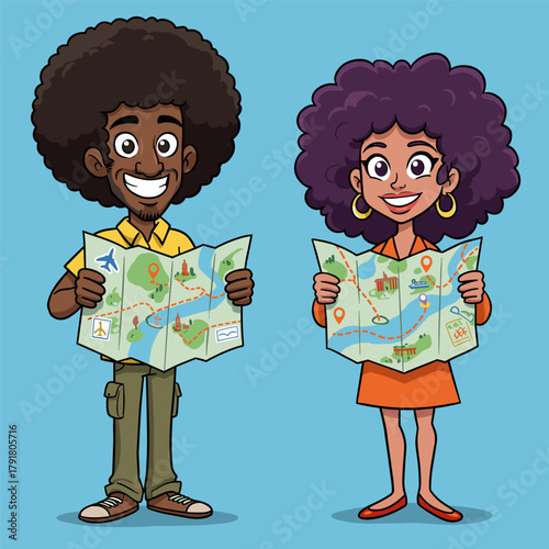 Happy Black couple characters holding detailed maps, planning their travel adventure.