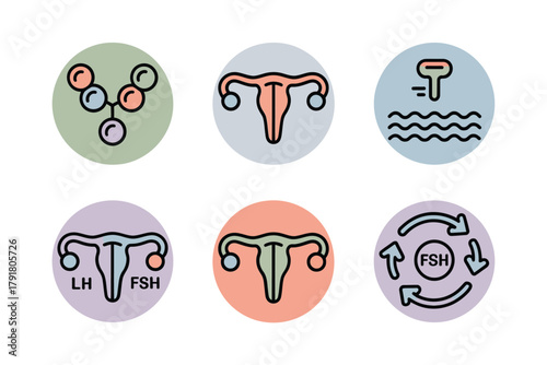 Flat color icons for gynecology, illustrating uterus, hormones, embryo, representing women's health and fertility treatment,