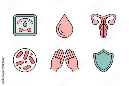 Flat color icons for medical research, illustrating uterus, weight, blood, representing health and scientific testing,