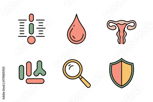 Detailed flat vector icons for medical research, showing uterus, shield, microscope, representing health and laboratory study,