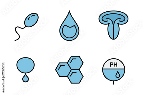 Flat vector icons for medical testing, featuring water, sperm, molecule, representing biology, testing, and pH balance,