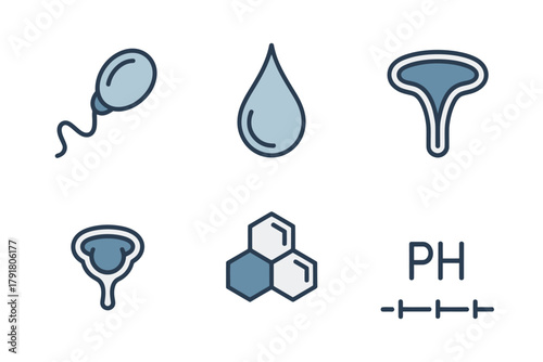Biology and anatomy illustration of male reproductive system with sperm cells science icons and ph measurement graphics