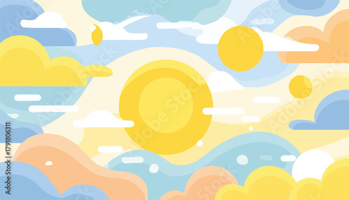 부드러운 파스텔 톤의 구름과 햇살이 있는 추상적인 하늘 배경, 평화롭고 밝은 분위기.