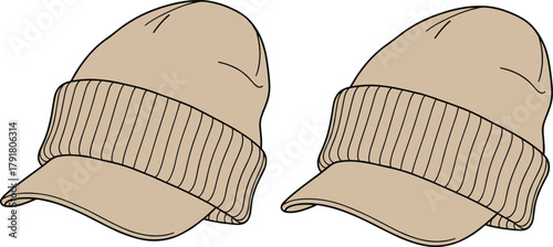 Women’s beanie with visor flat sketch, technical fashion drawing, CAD vector template, apparel design illustration, knitwear accessory garment silhouette