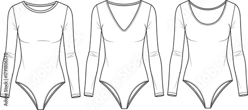 Women’s bodysuit flat sketch collection, long sleeve crew V-neck scoop, technical fashion drawing, CAD vector template, apparel design illustration