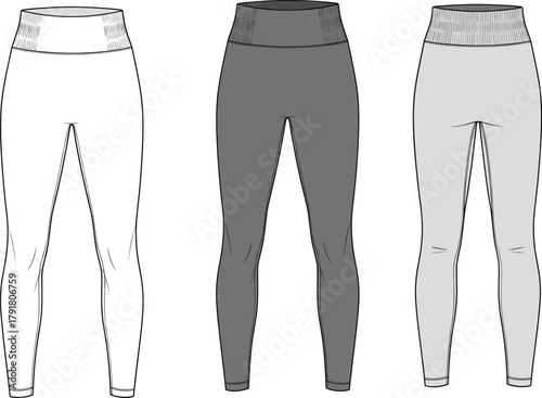 Women’s leggings flat sketch, high waist design, technical fashion drawing, CAD vector template, apparel illustration, fitted activewear garment silhouette