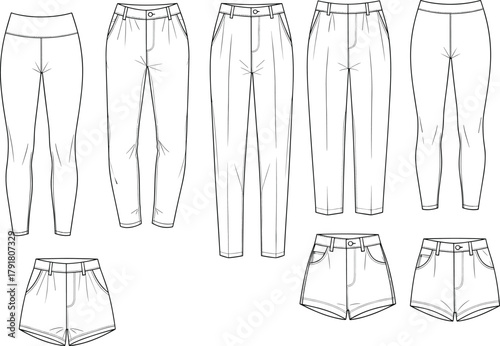 Women’s pants and shorts flat sketch collection, technical fashion drawing, CAD vector template, apparel design illustration, garment silhouette set