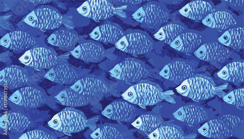 푸른 바다 속 무리지어 헤엄치는 파란색 물고기들의 추상적인 벡터 패턴