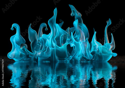 Burning blue flame close-up with smoke and reflection on black backdrop, abstract macro light movement, glowing white fire detail for modern energy theme