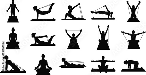 Yoga and resistance band silhouettes, fitness exercise poses on mats, meditation stretching, wellness lifestyle, strength training balance, healthy activity, flat vector