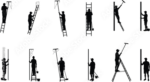 Worker silhouettes painting walls, ladders safety, construction maintenance, home improvement tools, ceiling roller, bucket equipment, renovation illustration, flat vector