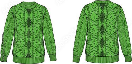 Green knitted sweater front and back view, diamond and linear pattern, ribbed cuffs and hem, traditional textile design, vector fashion mockup, cozy apparel illustration