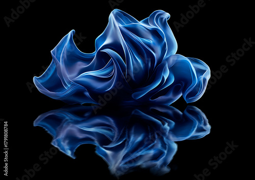 Abstract blue fire and smoke with reflection on dark background, close-up macro flame in white and blue tones, glowing heat and energy concept for art design