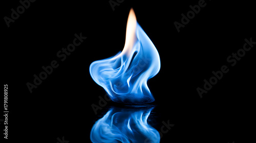 Abstract blue fire and smoke with reflection on dark background, close-up macro flame in white and blue tones, glowing heat and energy concept for art design