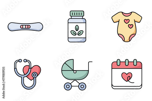 Flat vector icons for medical testing, featuring test stick, pills, baby clothes, representing fertility, health, and maternity,
