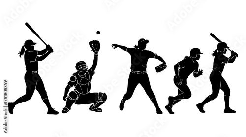 Softball players action silhouettes
