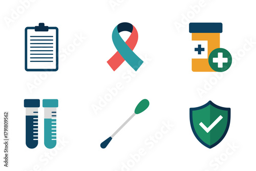 Flat vector icons for health care, featuring thermometer, pills, tubes, representing medical testing, sickness, and treatment,