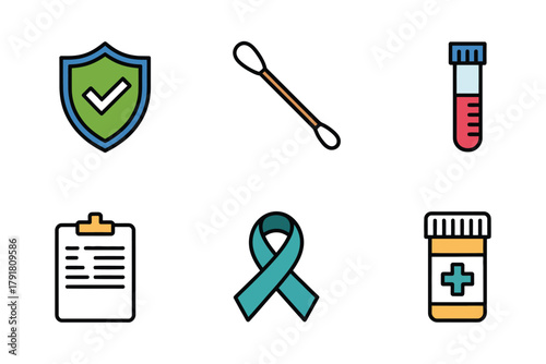 Detailed flat vector icons for health supplies, showing checklist, thermometer, tubes, representing medical testing and care,
