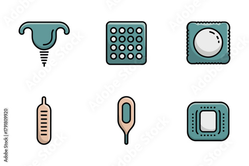 Detailed flat vector icons for health protection, showing condom, pills, iud, representing reproductive health and family planning,