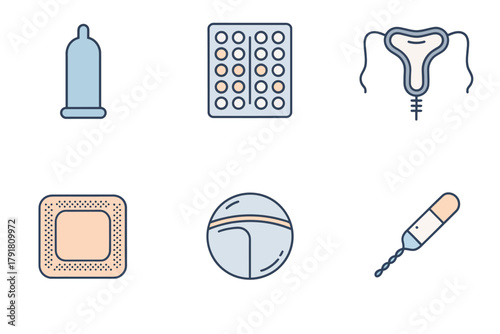 Detailed flat vector icons for safe sex, showing condom, pills, iud, representing reproductive health and protection,