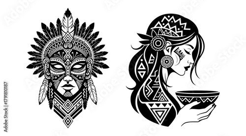 Tribal mask and woman with geometric patterns