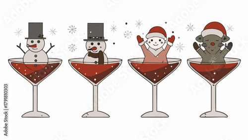 Festive winter characters having a holiday cocktail party illustration for seasonal celebrations and joyous moments