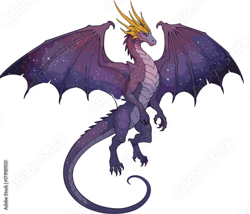 Fantasy galaxy dragon illustration, cosmic creature art, purple winged dragon, mythical beast, celestial night design, magic fantasy animal concept