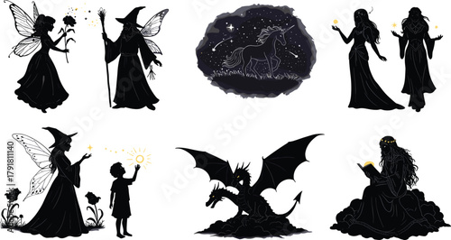 Fantasy magic silhouettes vector illustration, fairy, witch, dragon, unicorn, goddess, mystical women art, enchanted night, celestial, magical story concept