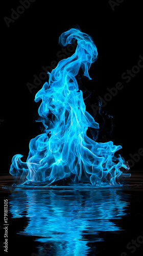 Macro view of blue flame and smoke reflection on black surface, glowing white and blue fire details, abstract dynamic burning concept for background design