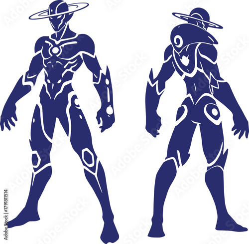 Futuristic humanoid robot character design, sci-fi cyber warrior concept art, advanced technology android silhouette, digital illustration, space armor figure