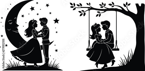 Romantic couple silhouette illustration, prince and princess love scene with moon and swing, fairytale romance vector art for decoration design