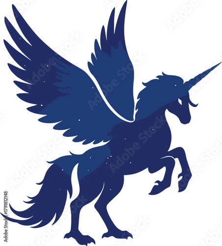 Majestic flying unicorn silhouette with wings, fantasy pegasus illustration, magical night sky horse design, mythical creature vector art for decoration