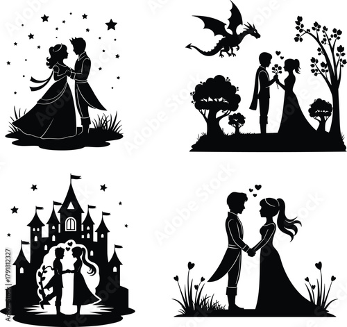 Romantic fairytale couple silhouettes, prince and princess love scenes with castle, moon, stars and dragon, fantasy romance vector art illustration