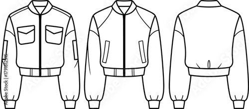 Cropped bomber jacket technical sketch, front side back view, fashion design template, raglan sleeve, zipper, chest pocket, apparel illustration