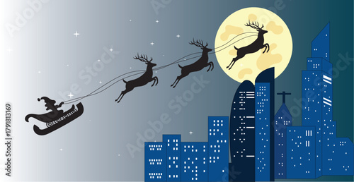 Santa's sleigh on city skyline at night on moon background. - stock illustration