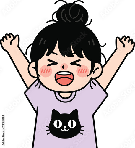 Cartoon child celebrating with raised arms wearing cat face shirt, joyful expression and bun hairstyle for kids happiness illustration theme