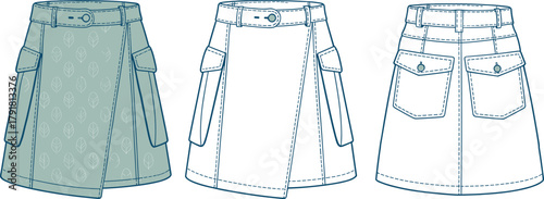 Cargo pocket skirt fashion sketch, front back view, button waistband, flap pocket design, green leaf pattern, apparel template, illustration