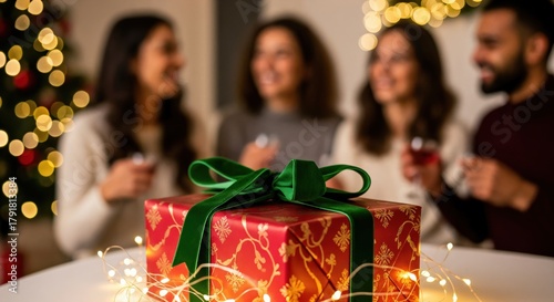 Festive red gift box with green ribbon and string lights on a table, with blurred happy friends celebrating holidays in the background
