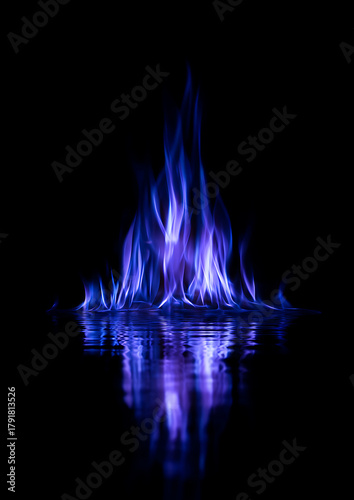 Blue flame on black background with smoke and reflection, close-up of burning blue fire and white flames, abstract dynamic light concept for design